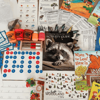 STEM activity box with children reading and experimenting," "Homeschool activity crate with books and crafts.