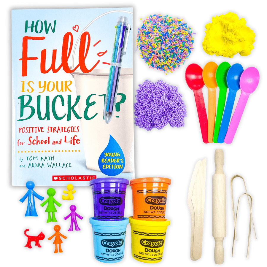 Hands-on sensory play materials including foam dough, play dough, and rainbow rice